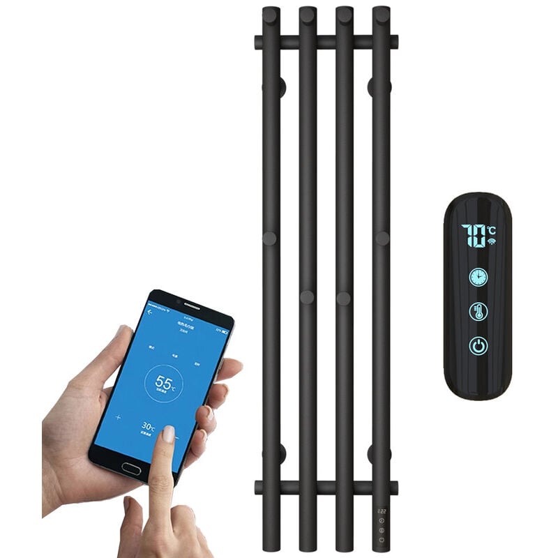 Sèche-Serviette Électrique Noir, 100 w Chauffe-Serviettes 950 x 257 mm WiFi Intelligent Porte-Serviettes Chauffant Électrique Commande Tactile à led