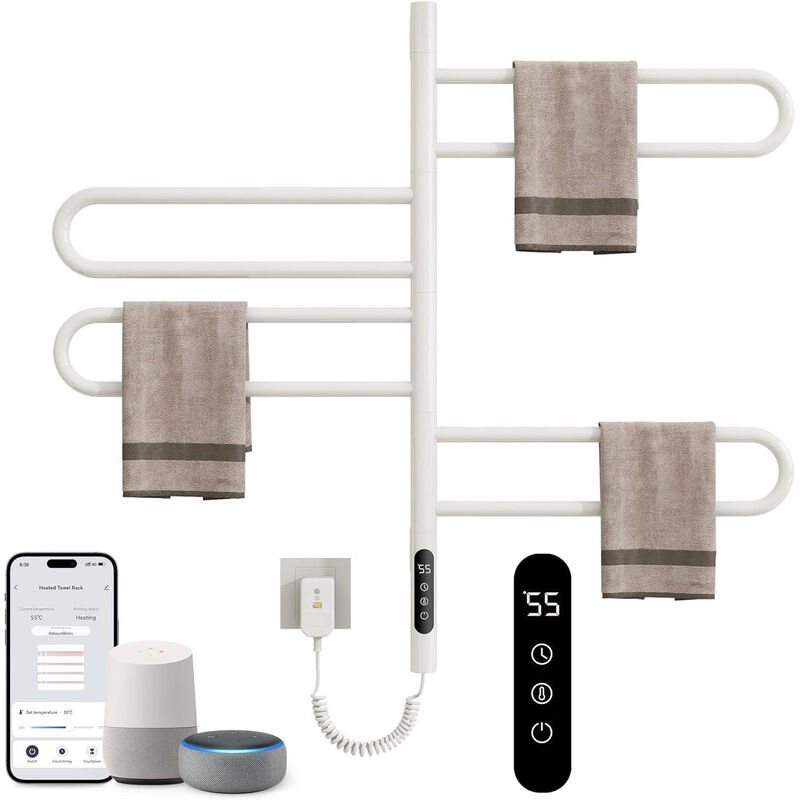 Seche Serviette Electrique, Rotation à 180° Seche Serviette, Blanc Seche Serviette Salle de Bain, 170W, Chauffage en Fibre de Carbone, avec