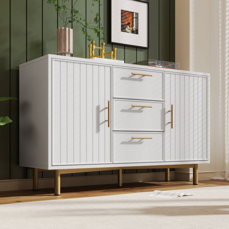 Commode à 3 tiroirs avec 2 portes, commode blanche avec étagère réglable