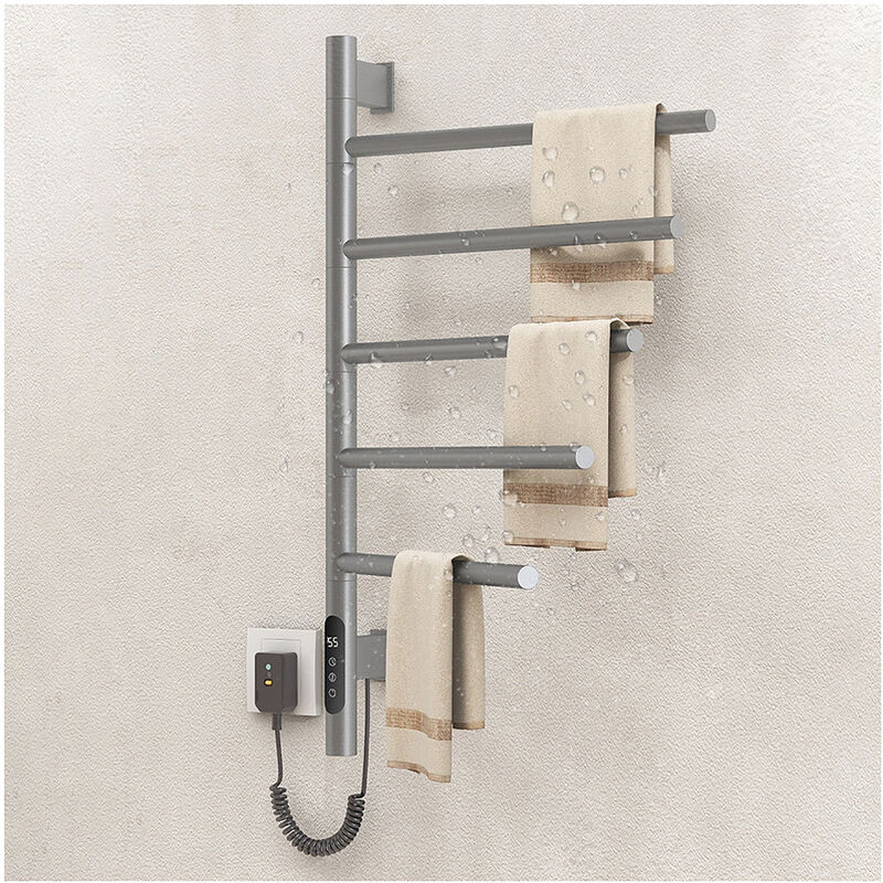 Sèche-Serviettes électrique avec 5 Barres Porte-Serviettes Chauffant Pivotant à 180 °, 80W 42 66cm Mural (45-70℃) Minuterie Écran led, gris mat