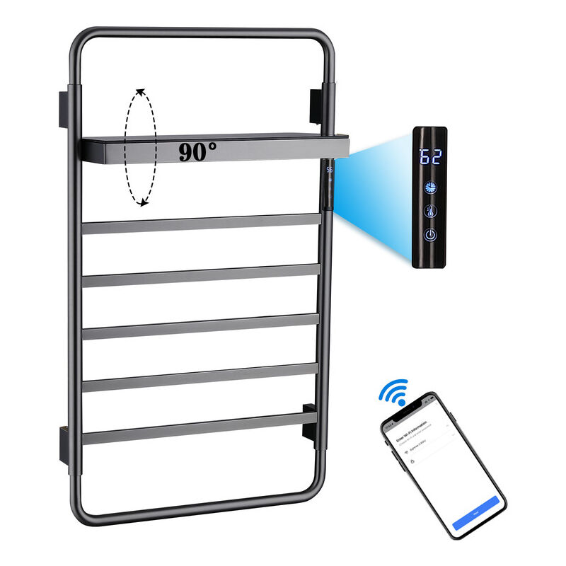 Sèche-Serviettes Électrique Intelligent WiFi Commande Vocale avec Étagère Pliable, avec Minuterie, 45-70 °c, 5 Barres 65 w Porte-Serviettes