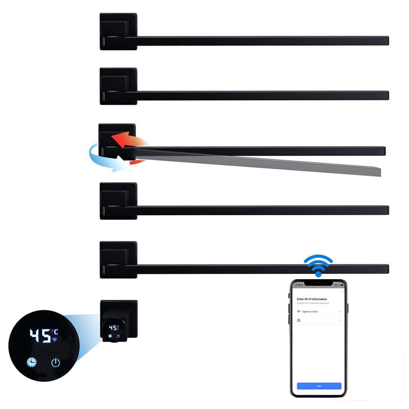 Porte-Serviettes Électrique Intelligent WiFi Sèche-Serviettes Électrique avec Minuterie 45—60°C, 5 Barres Chauffe-Serviettes Rotatif à 180° Radiateur