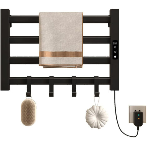 Sèche-Serviettes électrique,Commande intelligente à écran tactile, avec étagères et crochets, Température réglable,Noir Mat