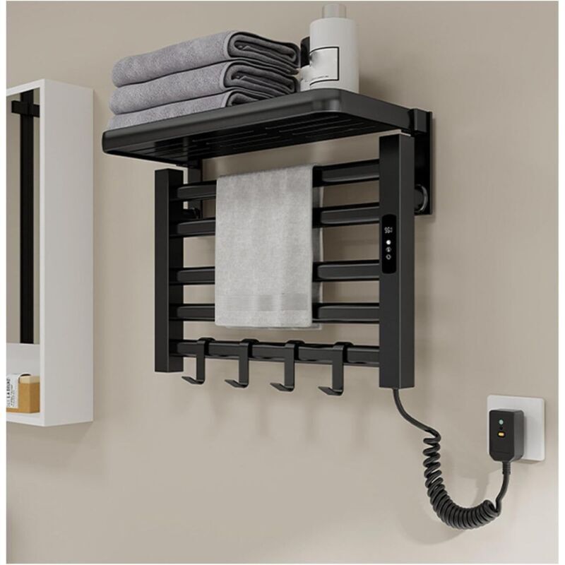 Sèche-serviettes mural avec étagère supérieure, 95 W, minuterie intégrée de 1 à 9 heures, réglage de la température, enfichable, noir
