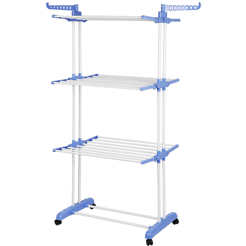 Etendoir à Linge Pliable Séchoir à vêtements Mobile Etendage à Linge 4 étages 4 Roues Ailes latérales Tubes en Acier Inoxydable avec Espace Stockage