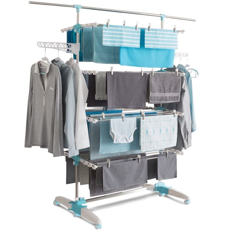 Séchoir à linge vertical pliable 4 niveaux optimum capacité 30M avec tringle télescopique blanc et bleu