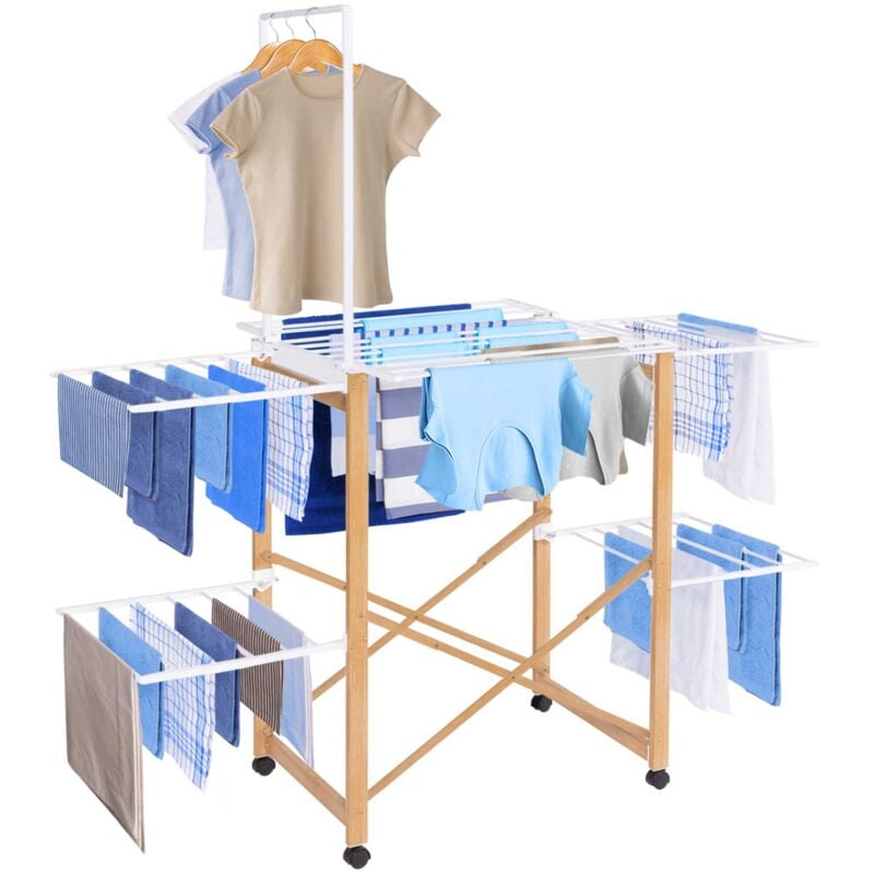 Séchoir à linge pliable deluxe capacité 22M avec tringle blanc et effet bois
