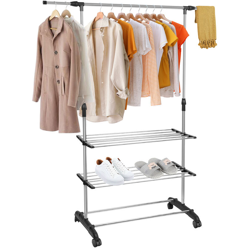 Portant à vêtements avec Les roulettes, Acier inoxydable Portant Penderie à vêtements, Longueur et hauteur réglables, avec étagère de Rangement à 3