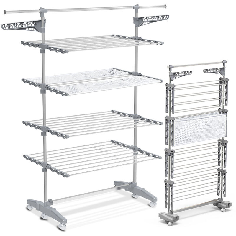 Séchoir à linge pliable avec maille - étendoir mobile 4 niveaux - ailes pliables - barre télescopique extensible - Vounot