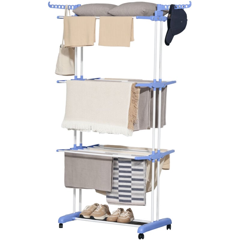 Sechoir à linge étendoir pliable 3 niveaux 2 ailes latérales à cintres acier blanc pp bleu