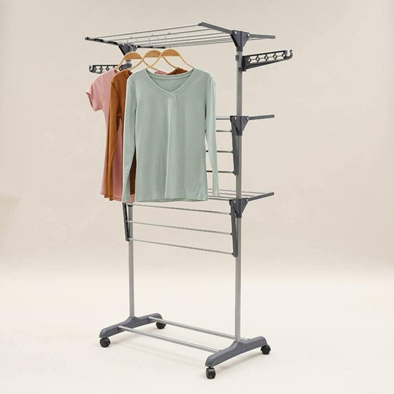 Séchoir à linge étendoir pliable ailes latérales sur 3 niveaux - gris