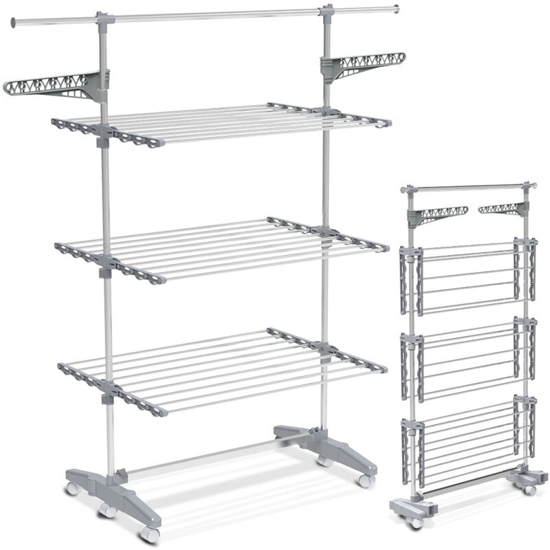Séchoir à linge pliable avec roulettes - étendoir mobile 3 niveaux - ailes pliables - barre télescopique extensible - Vounot