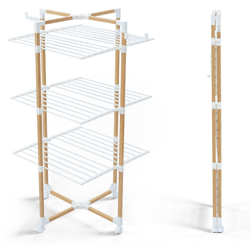 VOUNOT® Séchoir à linge pliable avec 2 ailes latérales - étendoir mobile 3 niveaux - 25m de séchage - 69x69x136 cm style bois blanc
