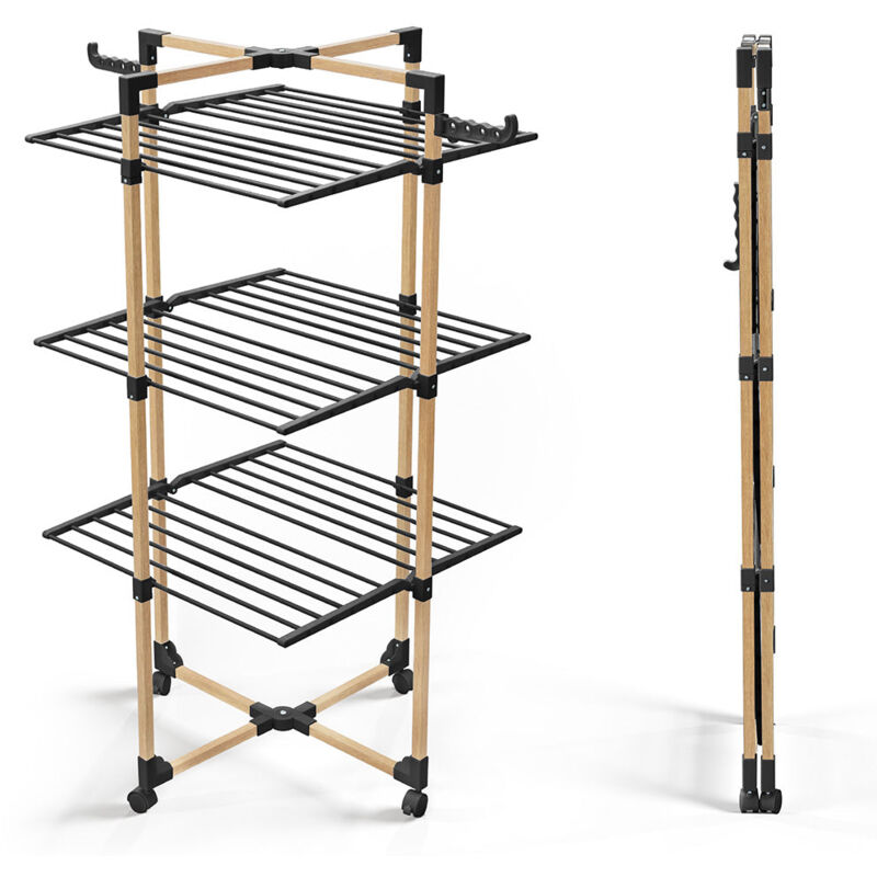 Séchoir à linge pliable avec 2 ailes latérales - étendoir mobile 3 niveaux - 25m de séchage - 69x69x136 cm style bois noir - Vounot