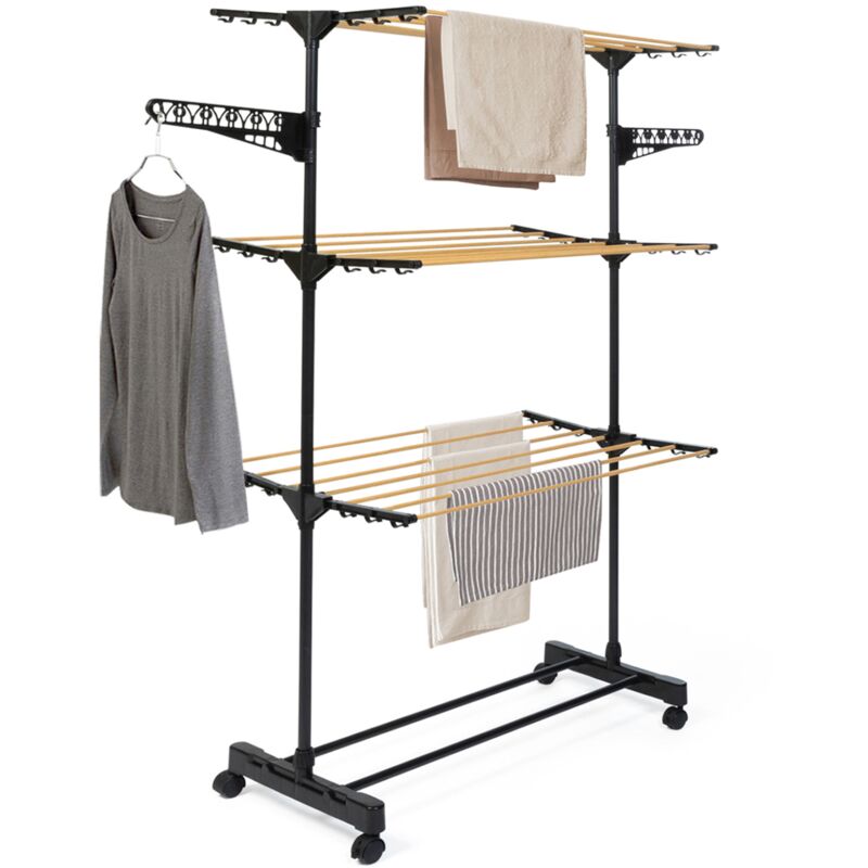Séchoir à linge vertical pliable 3 niveaux maxima capacité 20M noir et effet bois