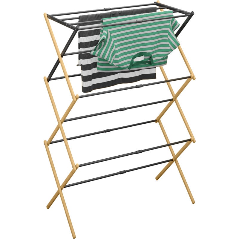 Tendoir à linge, pliable, 11 barres, 5 niveaux, bambou et métal, 105,5 x 43-75 x 37,5 cm, nature et noir - Relaxdays