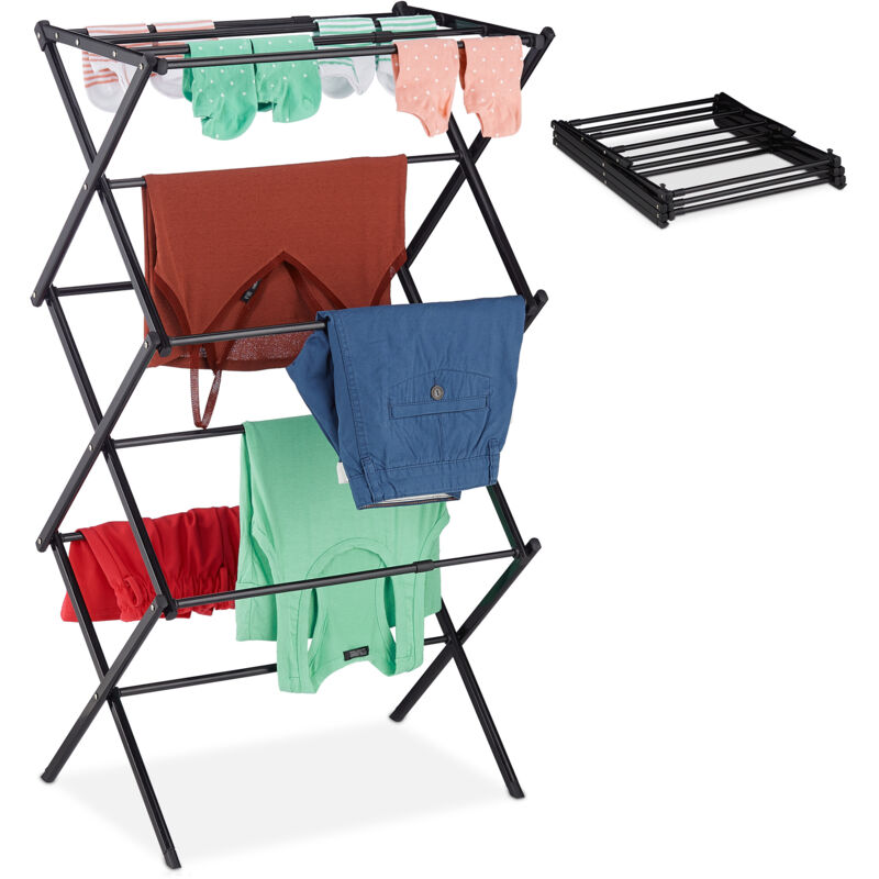 Relaxdays Étendoir à linge, pliable, 11 barres, 6 niveaux, extensible, métallique, HxLxP : 107 x 73 x 37 cm, noir