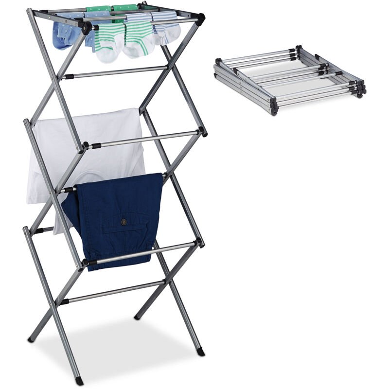 Tendoir à linge, pliable, 11 barres, 6 niveaux, extensible, métallique, HxLxP : 107 x 73 x 37 cm, argenté - Relaxdays