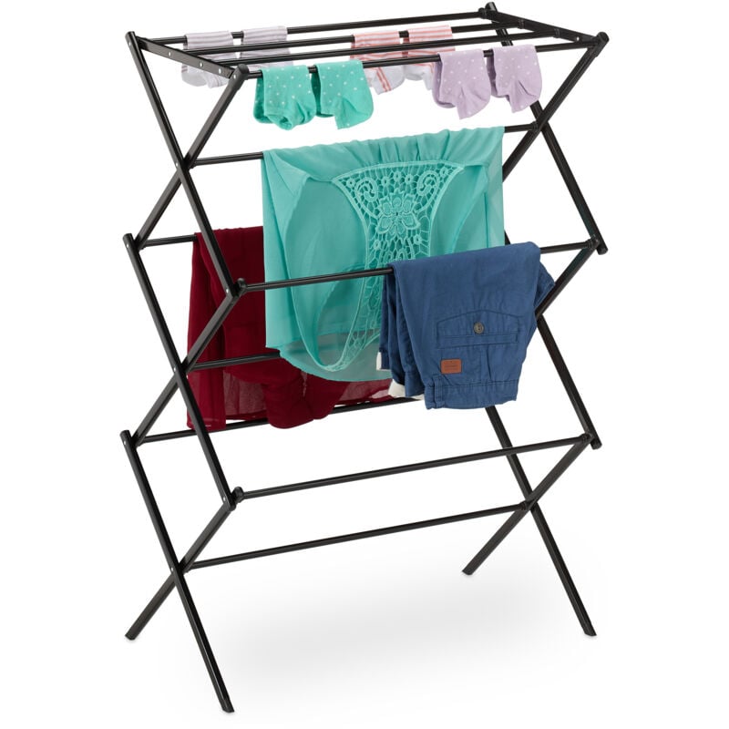 Tendoir à linge, pliable, 11 barres, 6 niveaux, métallique, h x l x p : 105 x 73 x 37 cm, noir - Relaxdays