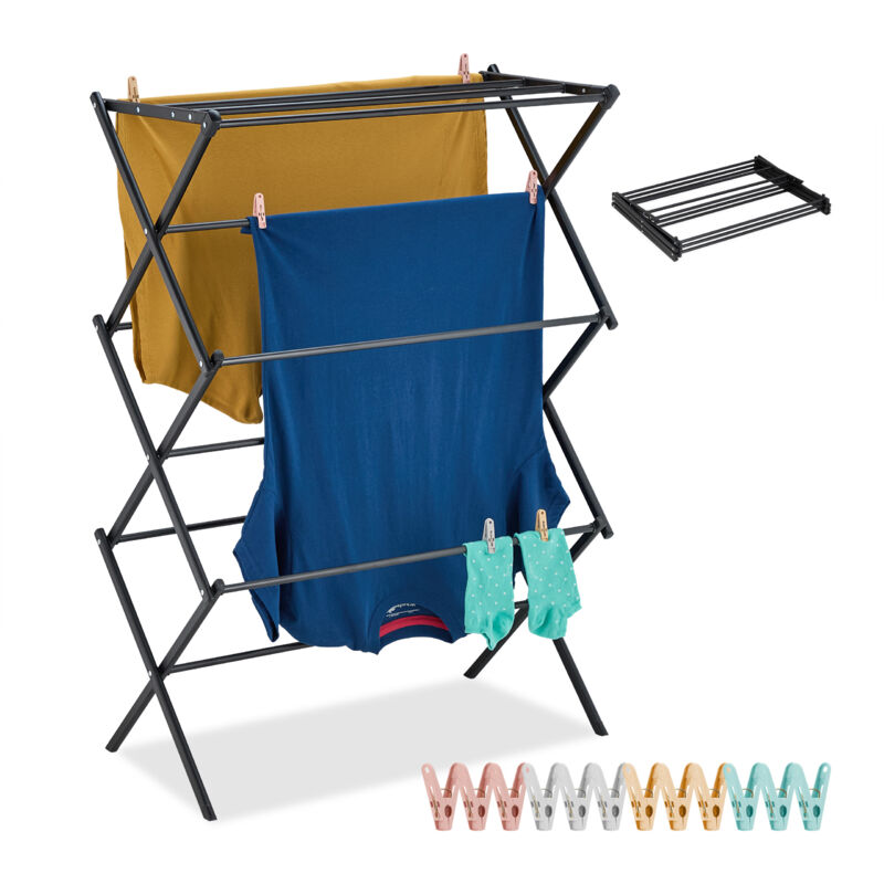 Relaxdays Étendoir à linge, pliable, 11 barres, tancarville peu encombrant, H x L x P : 105 x 74 x 37 cm, noir