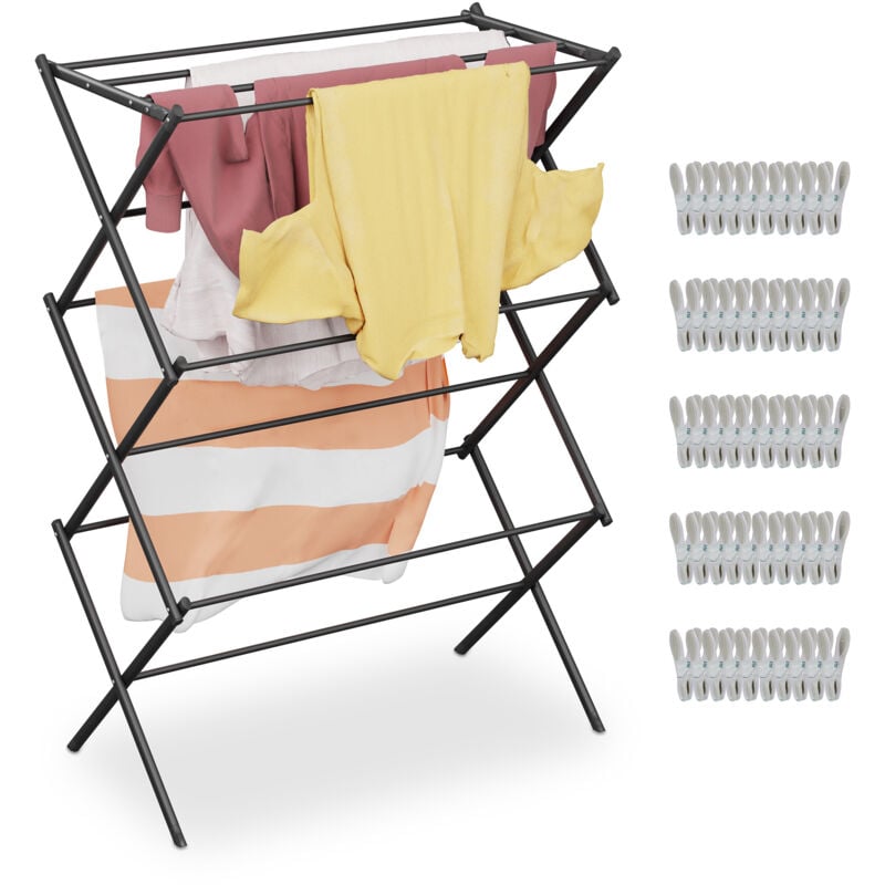 Séchoir à linge pliable, 6 niveaux, 11 barres, avec 50 pinces à linge, 38x74x102 cm, étendoir en métal, noir - Relaxdays