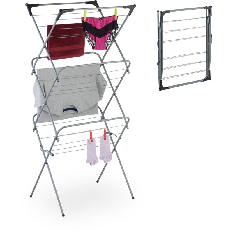 Séchoir à linge pliable, 18 barres, 136x62x51 cm, intérieur, métal, étendoir à linge compact, gris - Relaxdays