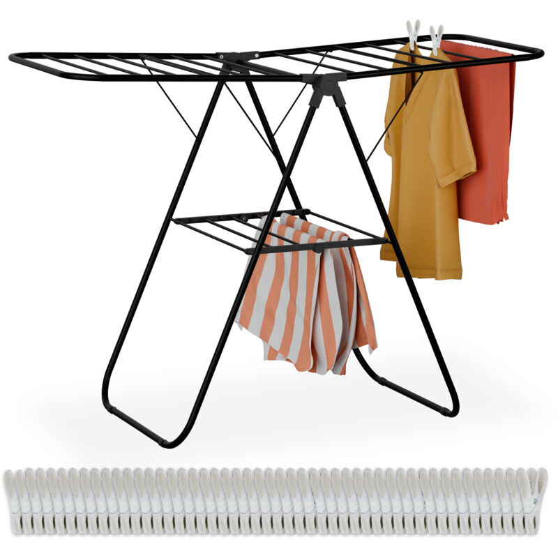 Séchoir à linge pliable, 2 niveaux, avec des ailes, HxLxP : 93x136x58 cm, étendoir en métal, 50 pinces, noir - Relaxdays