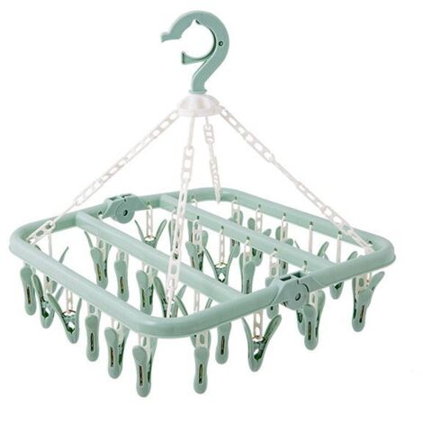 Séchoir à linge pliable avec 32 clips - Crochet rotatif - Coupe-vent - Porte-chaussettes - Séchoir à linge - Sous-vêtements - Cintre peu encombrant Vert