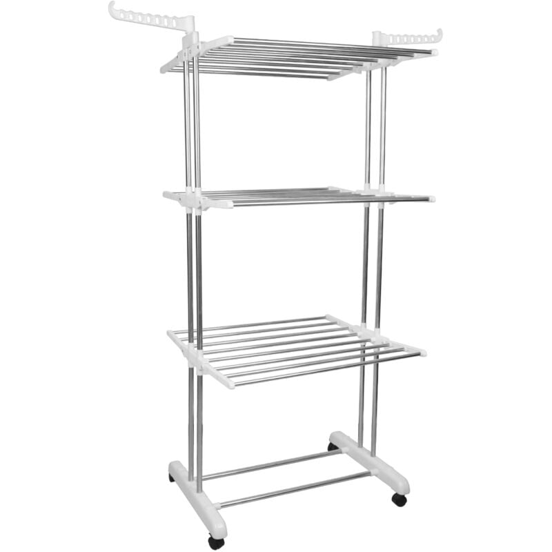 Séchoir à Linge Pliable avec roulettes avec 3 Niveaux et 2 Ailes latérales 170cm Blanc