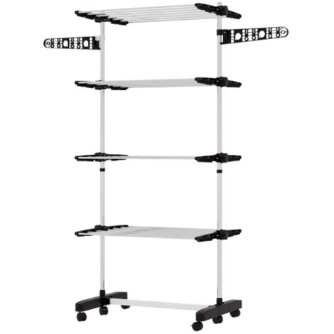 Séchoir à Linge Pliable étendoir Linge intérieur et extérieur seche Linge etendoir réglable en Acier Inoxydable à 4 Niveaux avec 2 Ailes latérales et 6 roulettes 142 x 55 x 172 cm Noir