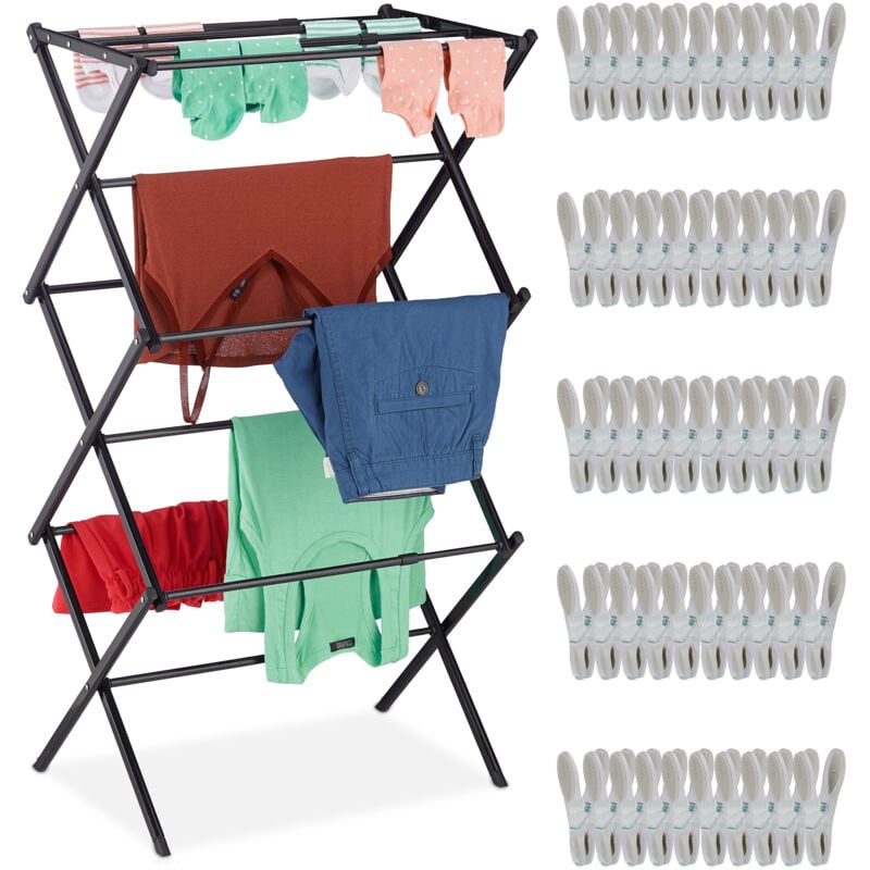 Séchoir à linge pliable, 6 niveaux, 11 barres, avec 50 pinces à linge, extensible, étendoir en métal, noir - Relaxdays