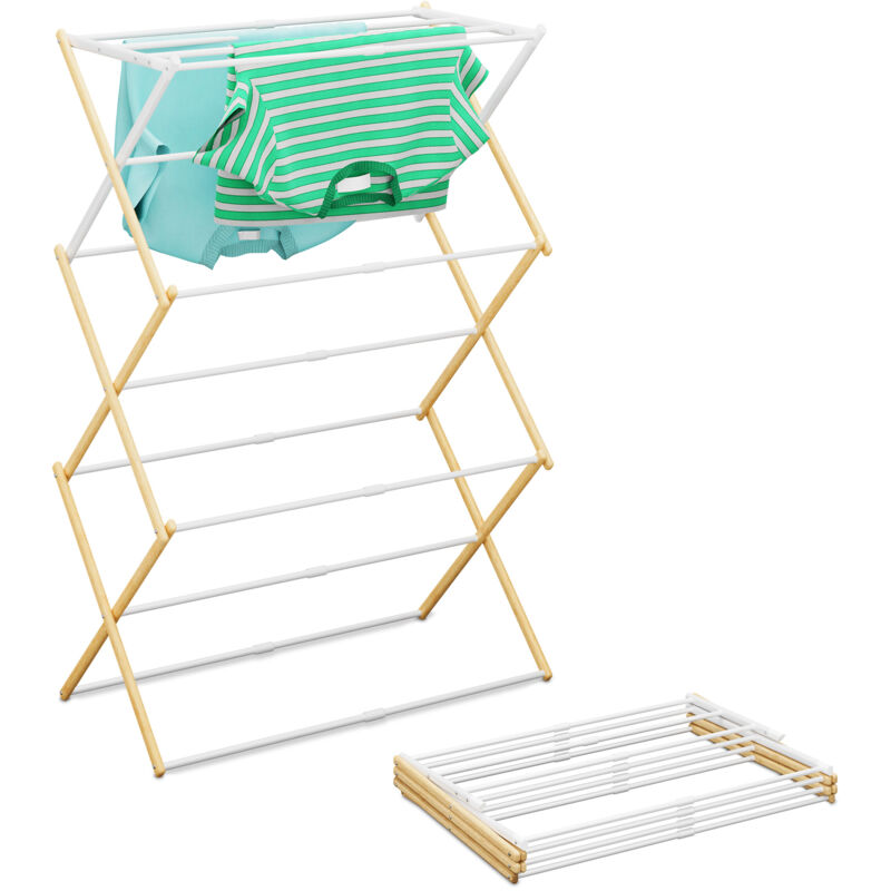Rexladays Étendoir à linge, pliable, 11 barres, H x L x P : 107 x 43–74 x 37 cm, bambou et métal, nature et blanc