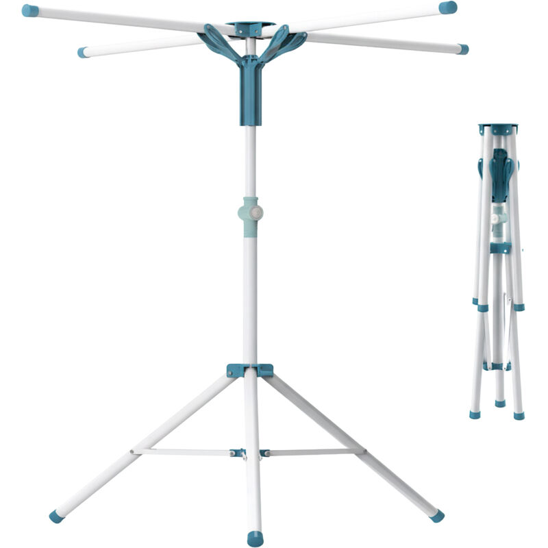 Séchoir à linge Relaxdays, pliable, réglable en hauteur, 80-200 cm, 4 barres, camping, séchoir, blanc/bleu