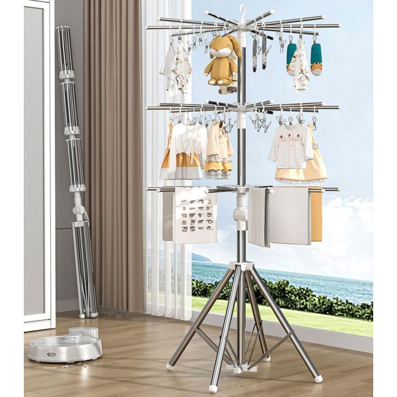 Séchoir à linge pliable, séchoir à linge en métal avec pinces coupe-vent pour intérieur et extérieur, cintre de séchage pour couches et serviettes de