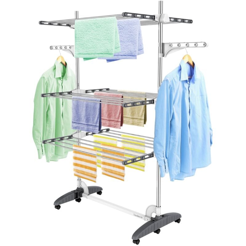 Séchoir à Linge Pliant à 3 Niveaux, Etendoir à Linge intérieur en Acier Inoxydable, Sèche-Linge 2tendoir Pliable avec Ailes réglables en Hauteur pour