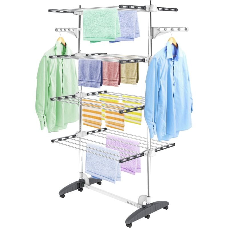 Séchoir à Linge Pliant à 4 Niveaux, Etendoir à Linge intérieur en Acier Inoxydable, Sèche-Linge 2tendoir Pliable avec Ailes réglables en Hauteur pour