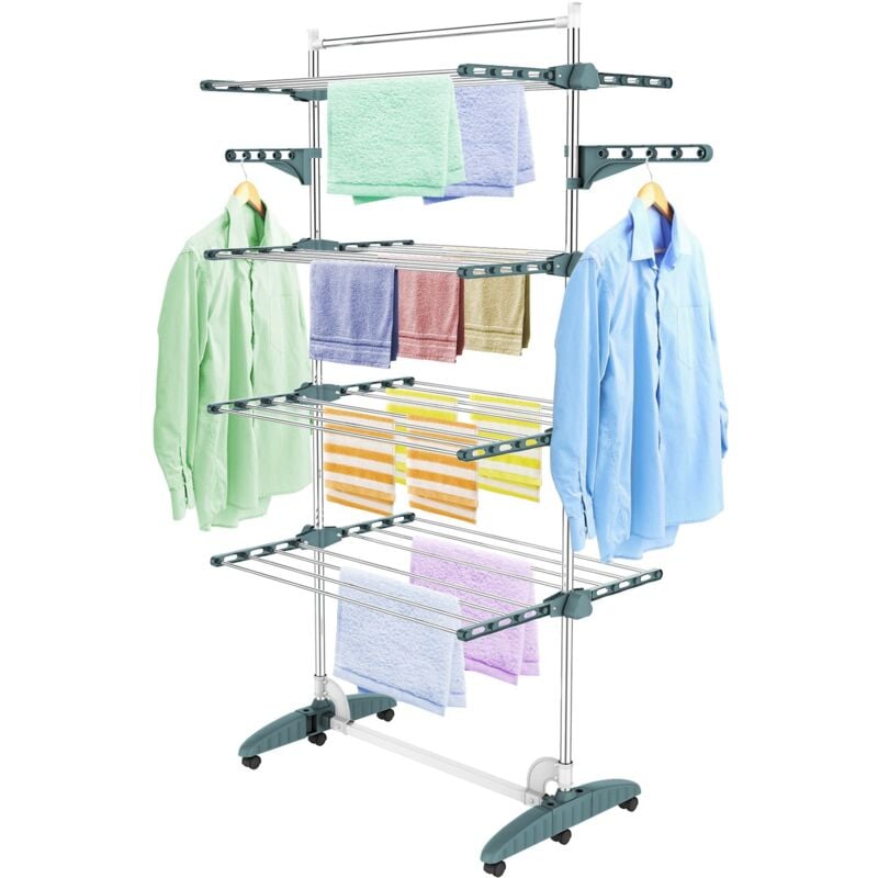 Séchoir à Linge Pliant à 4 Niveaux, Etendoir à Linge intérieur en Acier Inoxydable, Sèche-Linge 2tendoir Pliable avec Barre Supérieure, Ailes