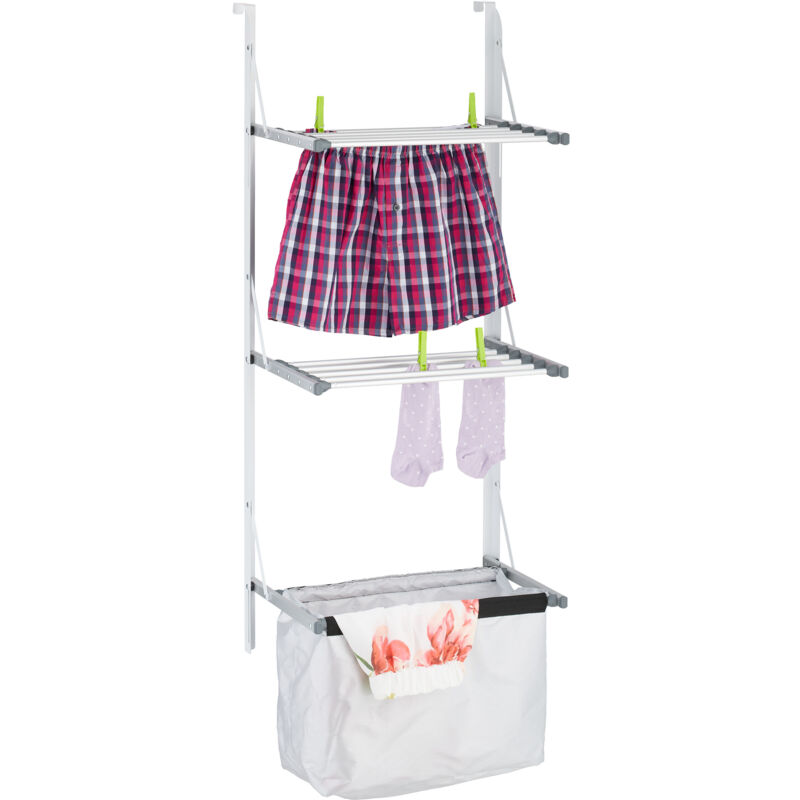 Relaxdays séchoir de porte, à suspendre, 3,8 m, pliable, étendoir à linge, avec sac, en métal, argenté