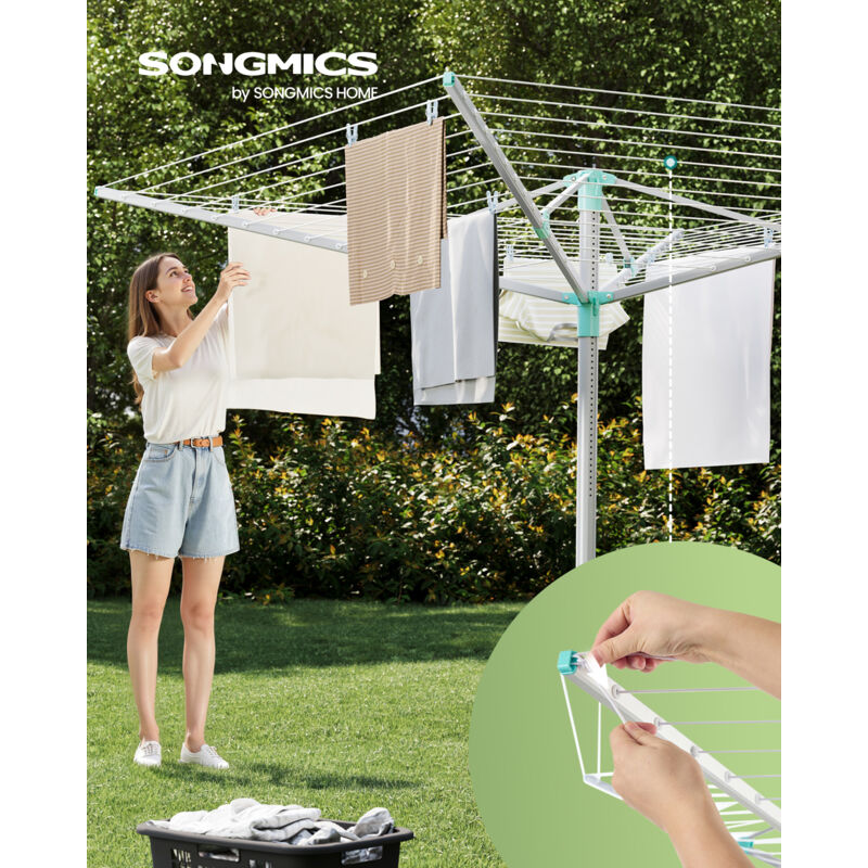 Songmics – Séchoir à linge rotatif 60m – Hauteur réglable 133-194 cm – 12 pinces à linge – Alliage aluminium résistant à l'eau – Pliable pour gain de