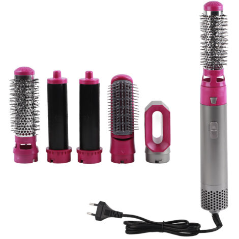 Séchoir Brosse Lisseur Électrique 5 en 1 - Coffret Styling Automatique pour Cheveux - Cadeau Femme/Fille - Prise EU Rouge Rose