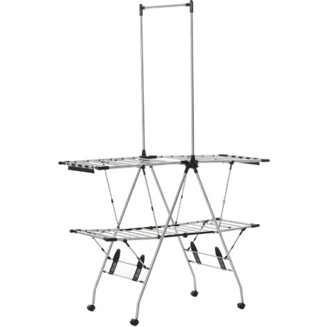 Séchoir linge étendoir pliable roulettes grand espace étendage acier inoxydable 138,5x63x208 cm argent noir