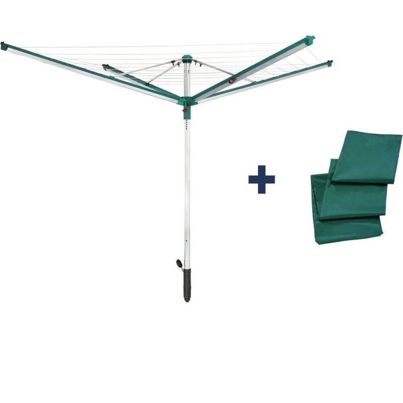Leifheit - Séchoir parapluie Linomatic 500 Deluxe Cover 82007 Etendoir extérieur rotatif 50 metres- Fils rétractables douille…