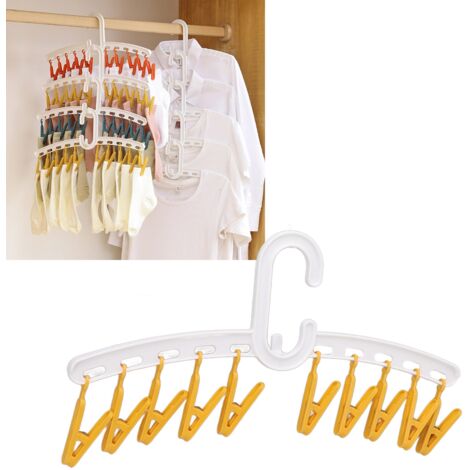 Séchoir Portable à Clip pour Chaussettes avec 10 Pinces en Plastique Blanc et Jaune