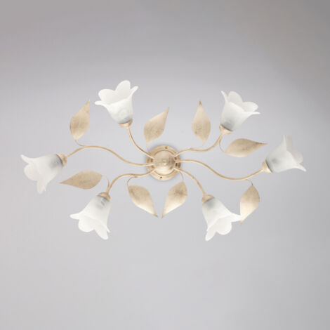 Sechs Lichter Iron Ivory Gold Deckenlampe mit weißem Alabasterglas 95x52x h20 cm
