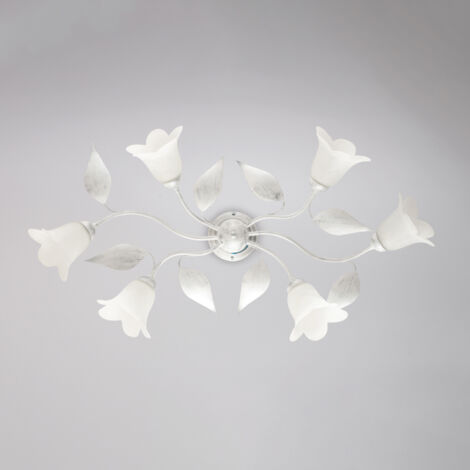 Sechs Lichter Silberweiße Eisen-Deckenlampe mit weißem Alabasterglas 95x52x h20 cm