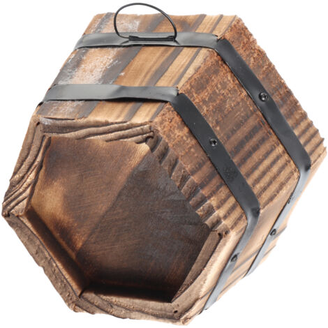 Sechseckiger Vintage-Blumentopf/Pflanzgefäß aus Massivholz für Garten, Terrasse und Zuhause (S: Ø 13,5/10,5 cm, H 8 cm) – mit verstärktem Metallständer