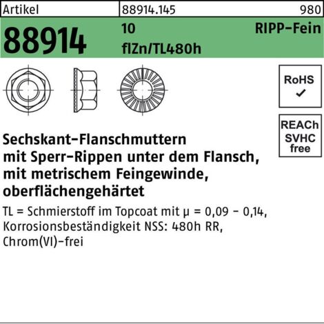 Sechskantflanschmutter R 88914 Sperr-Ripp M14x1,5 10 flZnnc 480h-L 100St.