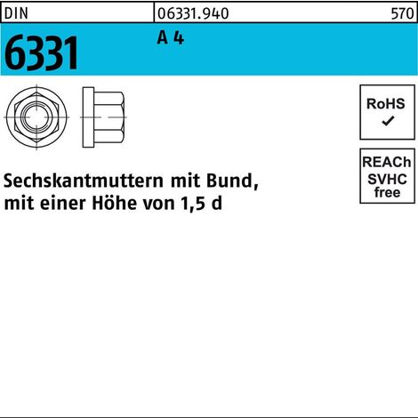 Sechskantmutter DIN 6331 Bund M10 SW 16 A 4 10 Stück