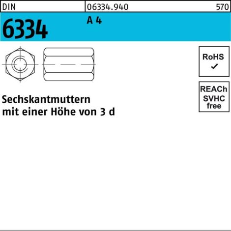 Sechskantmutter DIN 6334 M 16 x 2 Edelstahl A4 blank 10 Stk