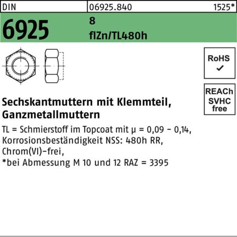 Sechskantmutter DIN 6925 Klemmteil M16 8 zinklamellenbes. flZnnc 480h-L 100St.